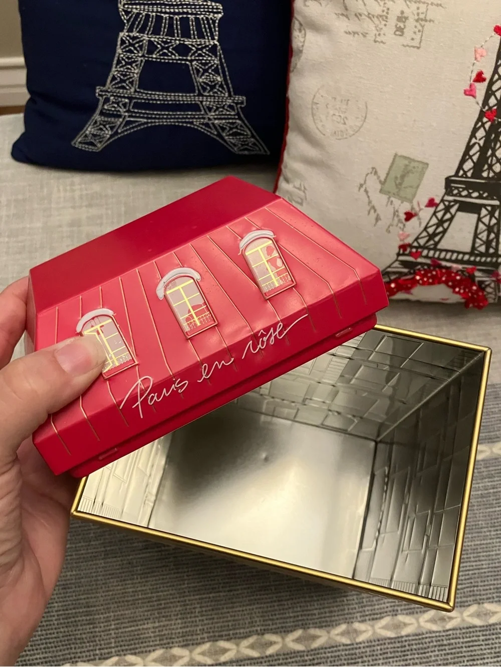 Paris Decor: 2 decorative pillows, silver Eiffel Tower figurine, tall canister
